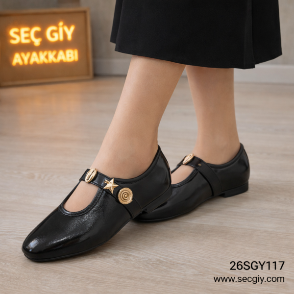 Tokalı Siyah Bayan Babet Ayakkabı – Günlük Rahat Kullanım