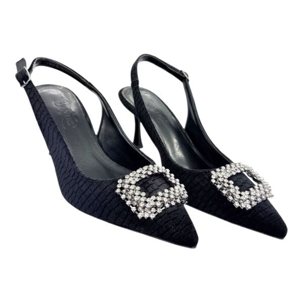 Siyah Kroko Desen Taş Tokalı Slingback Stiletto - İnce Topuk