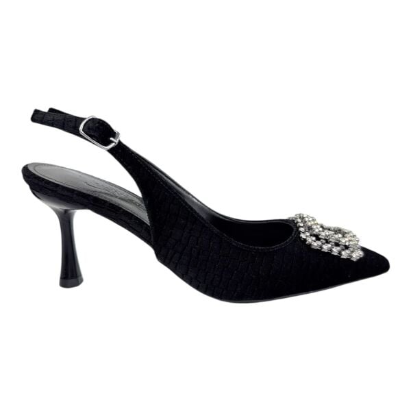 Siyah Kroko Desen Taş Tokalı Slingback Stiletto - İnce Topuk