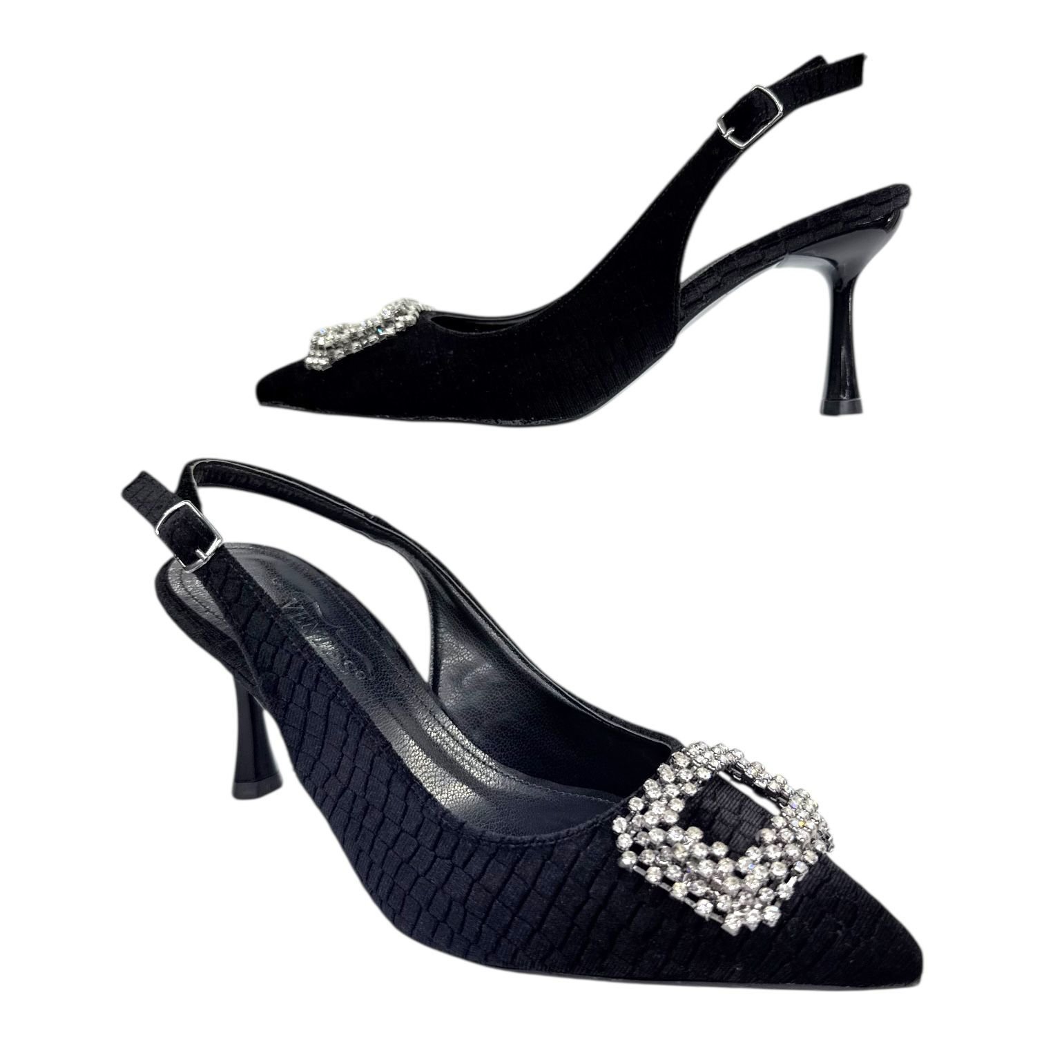 Siyah Kroko Desen Taş Tokalı Slingback Stiletto - İnce Topuk