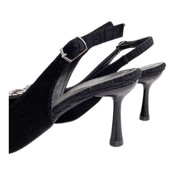 Siyah Kroko Desen Taş Tokalı Slingback Stiletto - İnce Topuk