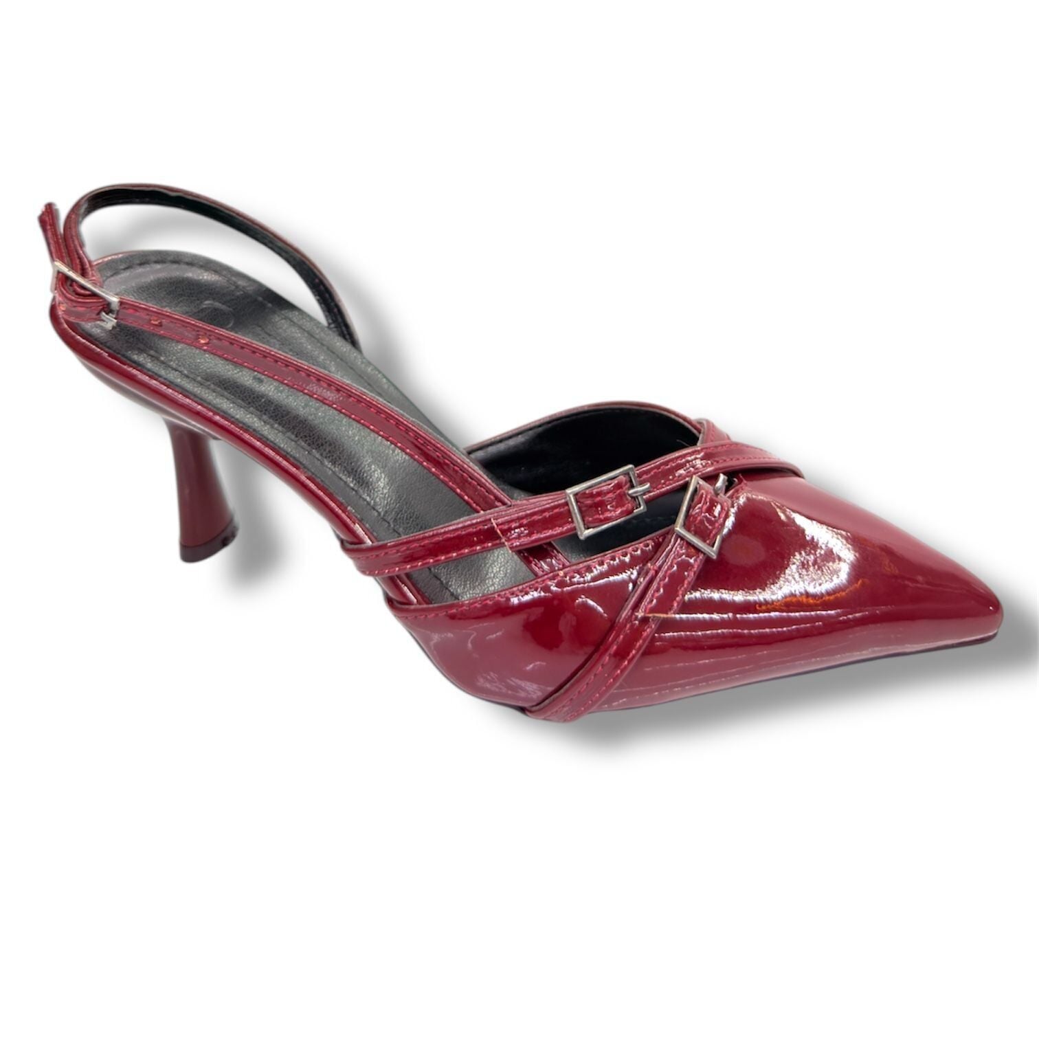 Çift Bantlı Toka Detaylı Bordo Rugan Topuklu Ayakkabı