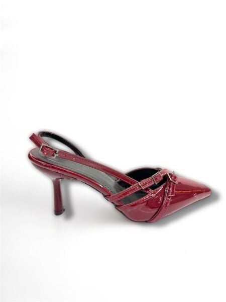 Çift Bantlı Toka Detaylı Bordo Rugan Topuklu Ayakkabı