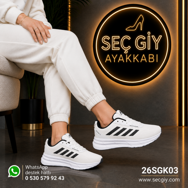 Beyaz Siyah Kadın Spor Ayakkabı – Günlük Rahat Kalın Taban Sneaker