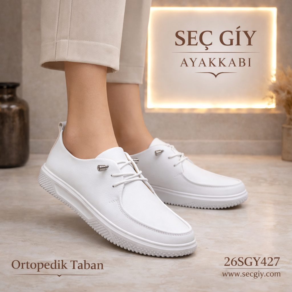 Beyaz Ortopedik Taban Kadın Günlük Ayakkabı – Konforlu Bağcıklı Model