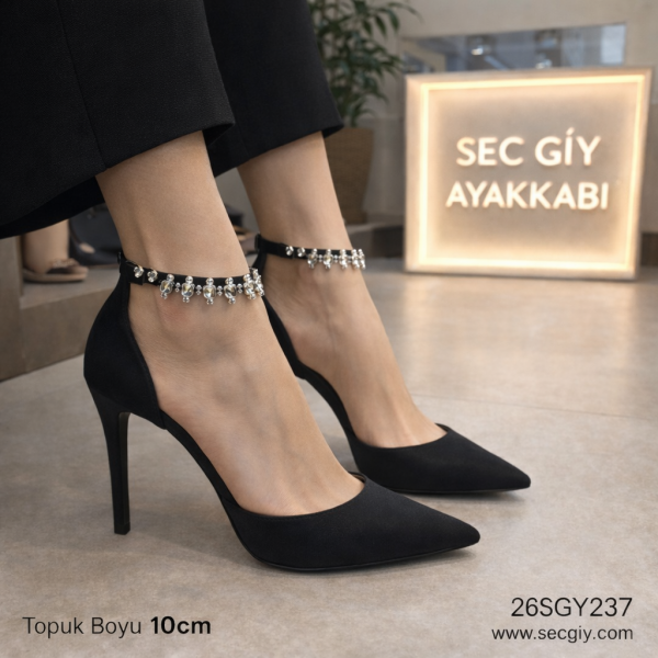 Taşlı Bilek Bantlı Siyah Kadın Stiletto 10 cm
