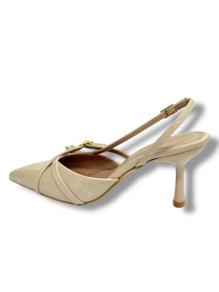 Çift Bantlı Toka Detaylı Krem Rugan Topuklu Ayakkabı