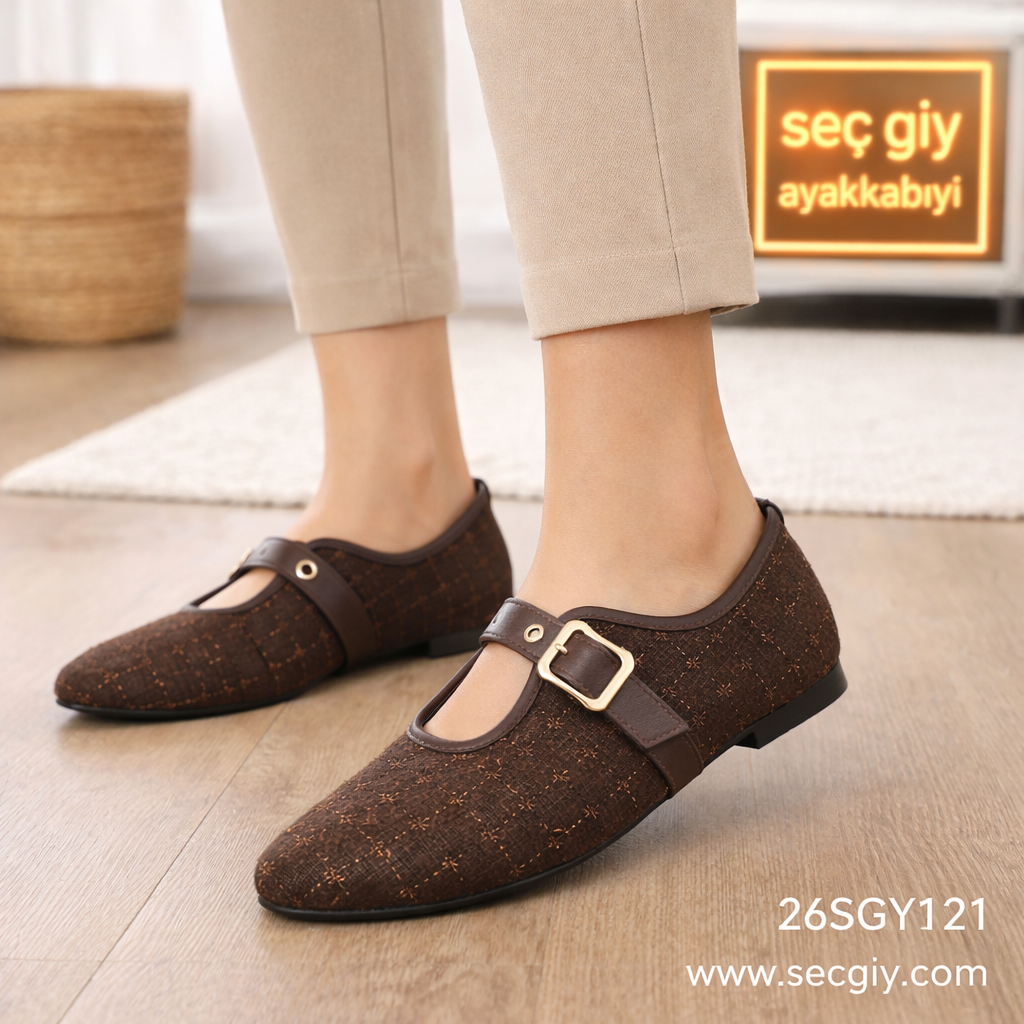Tokalı Kahverengi Bayan Babet Ayakkabı – Günlük Şık