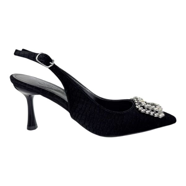 Siyah Kroko Desen Taş Tokalı Slingback Stiletto - İnce Topuk 40