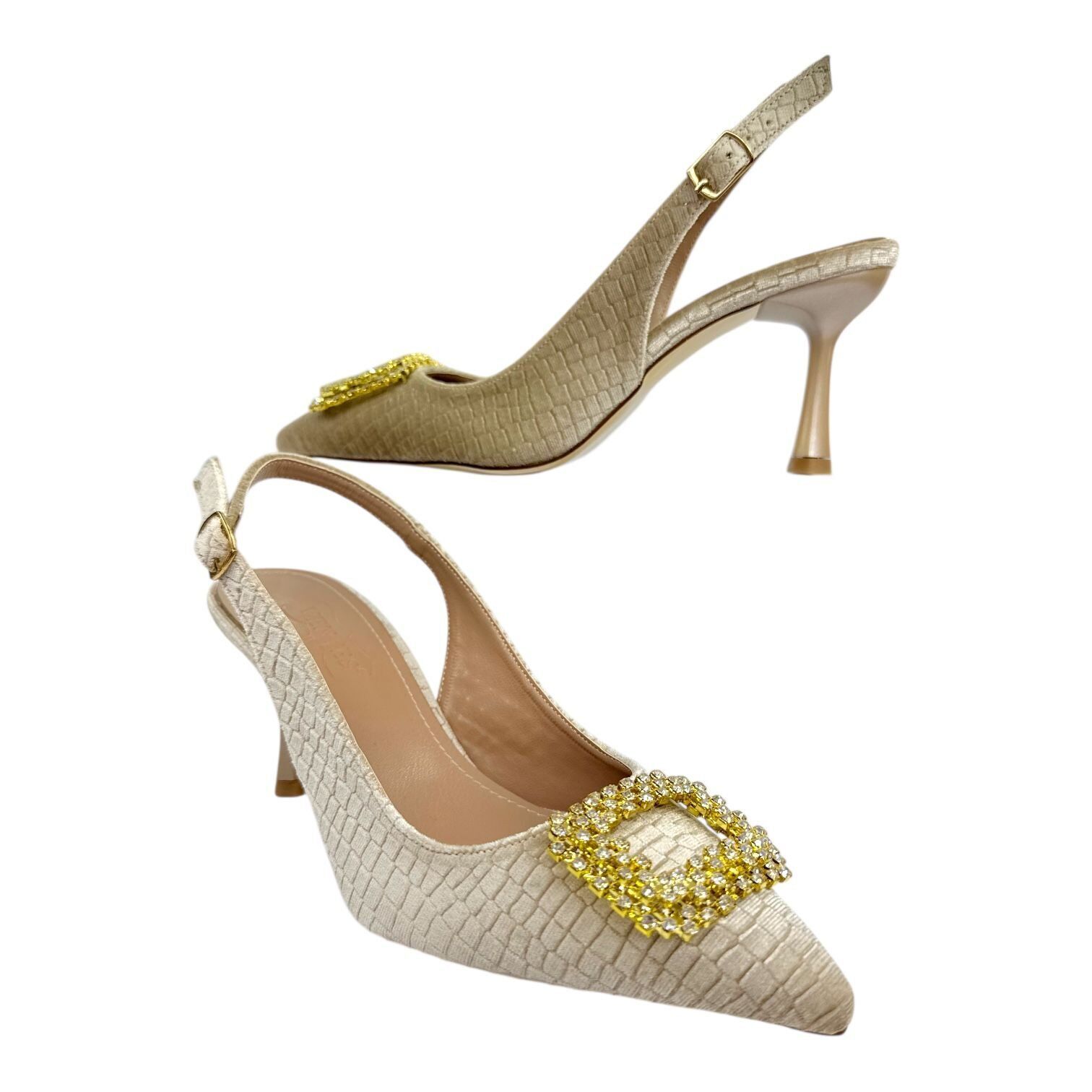 Bej Kroko Desen Sarı Taş Tokalı Slingback Stiletto - Özel Gün Ayakkabısı