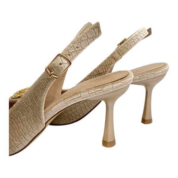 Bej Kroko Desen Sarı Taş Tokalı Slingback Stiletto - Özel Gün Ayakkabısı