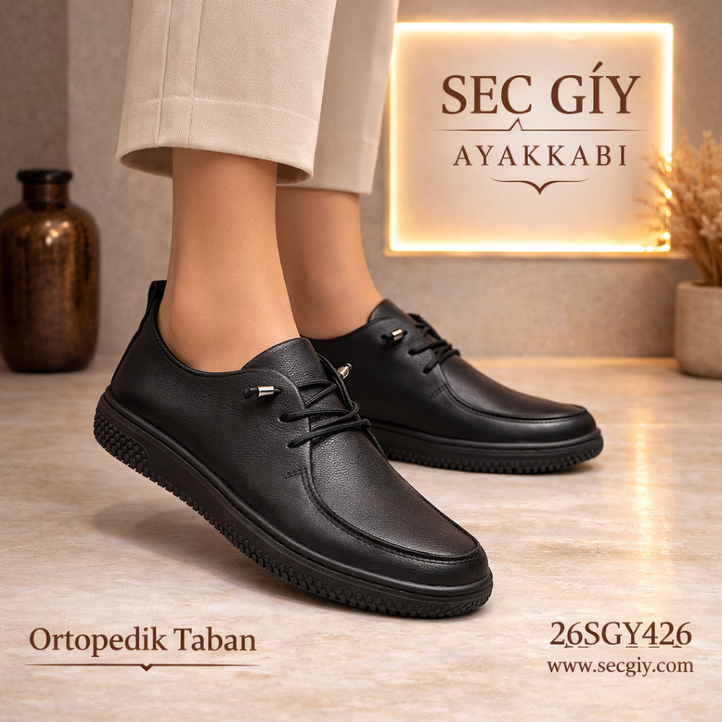 Siyah Ortopedik Taban Kadın Günlük Ayakkabı – Rahat Bağcıklı Model