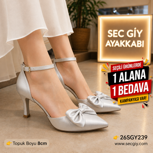 Gümüş Fiyonklu Bilek Bantlı Kadın Topuklu 8 cm