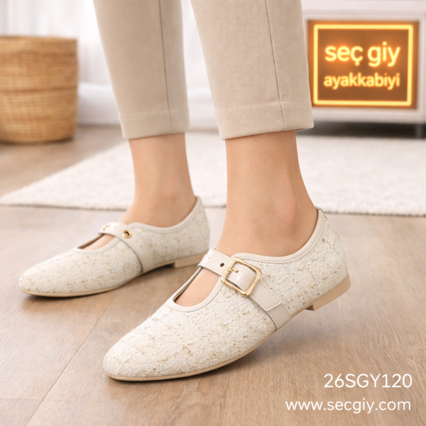 Tokalı Ekru Bayan Babet Ayakkabı – Günlük şıklık