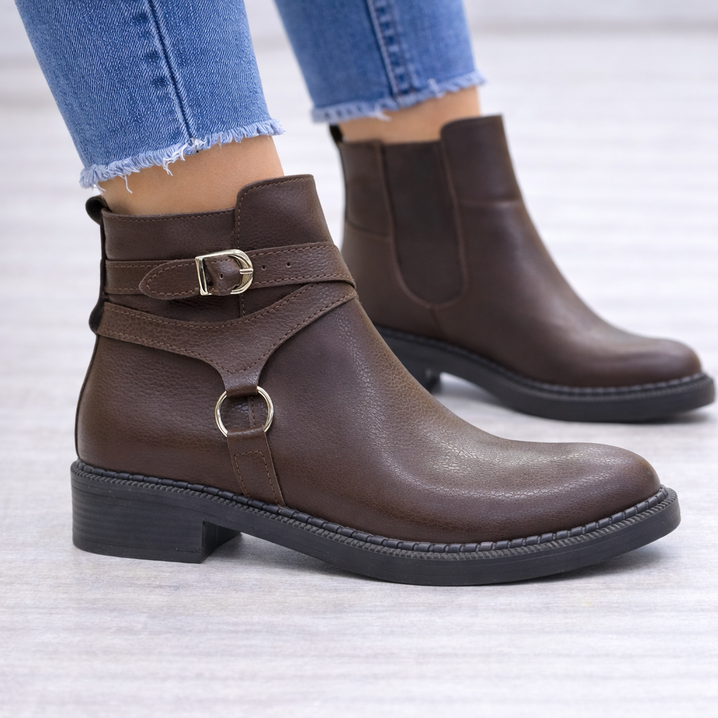 Kahverengi Tokalı Halka Detaylı Kadın Bilek Botu Orta Topuk Oval Burun