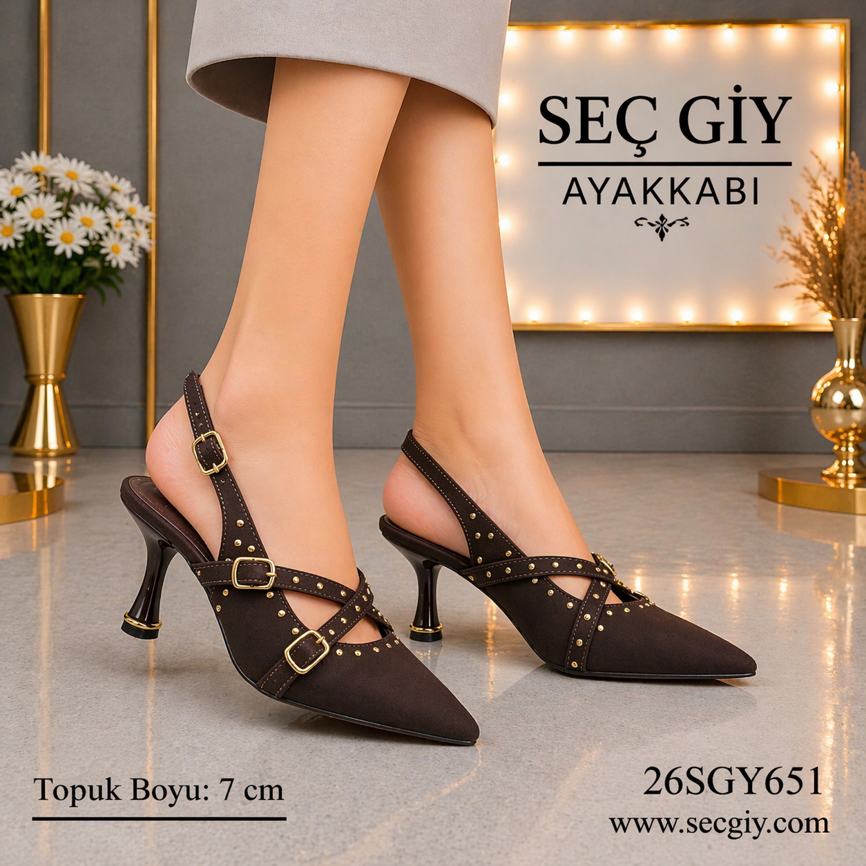 Kahve Taş Detaylı Çapraz Bant Topuklu Ayakkabı Kadın 7 cm Şık Abiye Stiletto