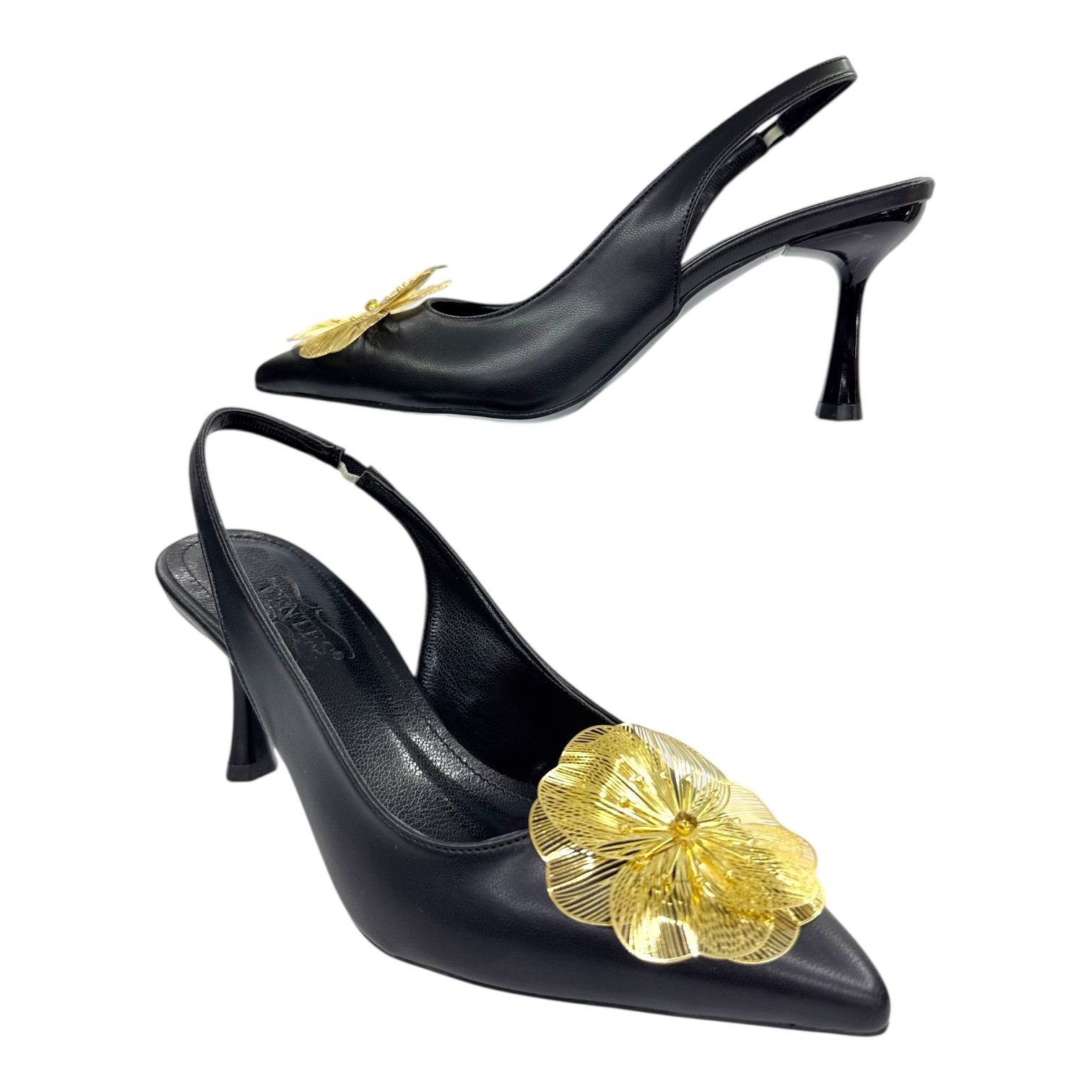 Siyah Deri Görünümlü Slingback Stiletto - Altın Metal Çiçek Detaylı