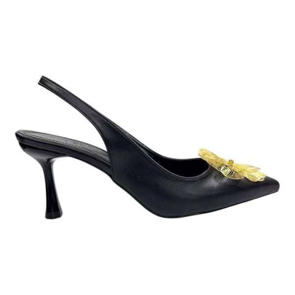Siyah Deri Görünümlü Slingback Stiletto - Altın Metal Çiçek Detaylı