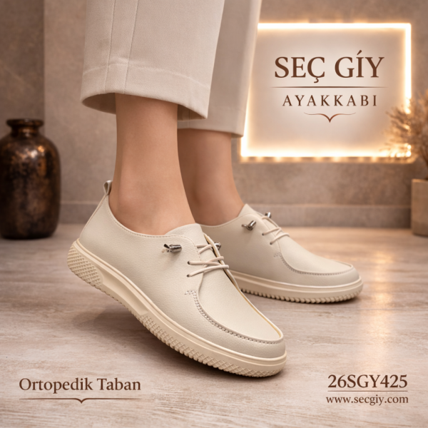 Krem Ortopedik Taban Kadın Günlük Ayakkabı – Rahat Bağcıklı Model