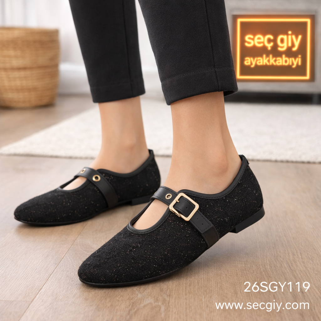 Tokalı Siyah Dokulu Bayan Babet Ayakkabı – Günlük Rahat