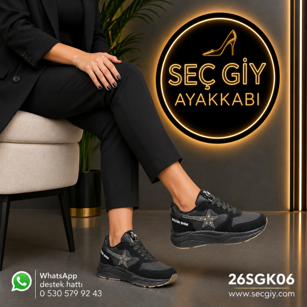 Siyah Yıldız Detaylı Kadın Spor Ayakkabı – Günlük Kalın Taban Sneaker