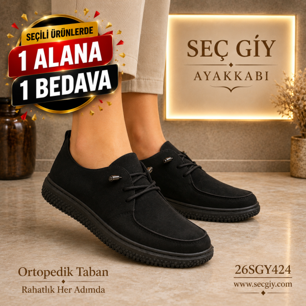 Siyah süet Ortopedik Taban Kadın Günlük Ayakkabı – Konforlu Bağcıklı Model