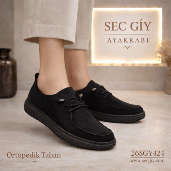 Siyah süet Ortopedik Taban Kadın Günlük Ayakkabı – Konforlu Bağcıklı Model