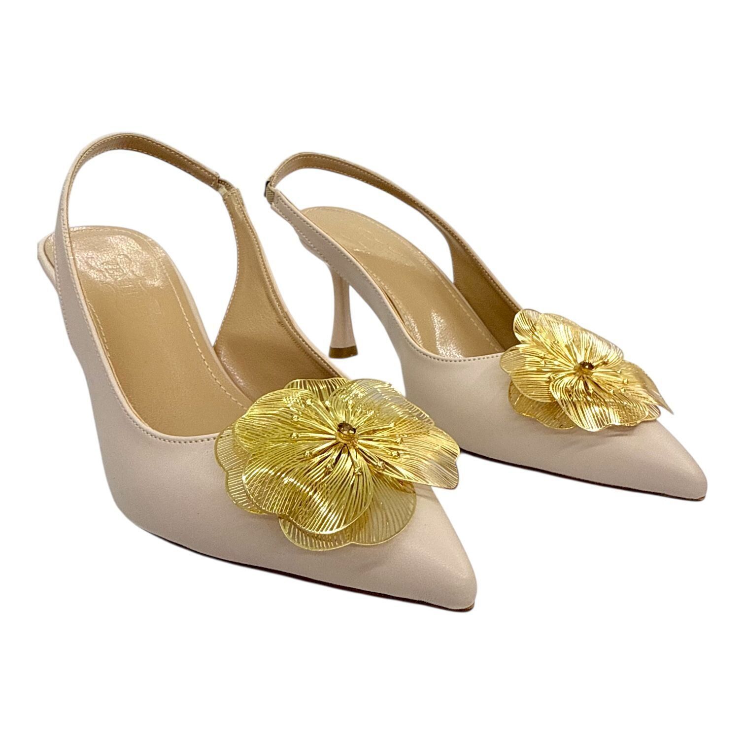 Nude Slingback Stiletto - Altın Çiçek Metal Broş Detaylı 39