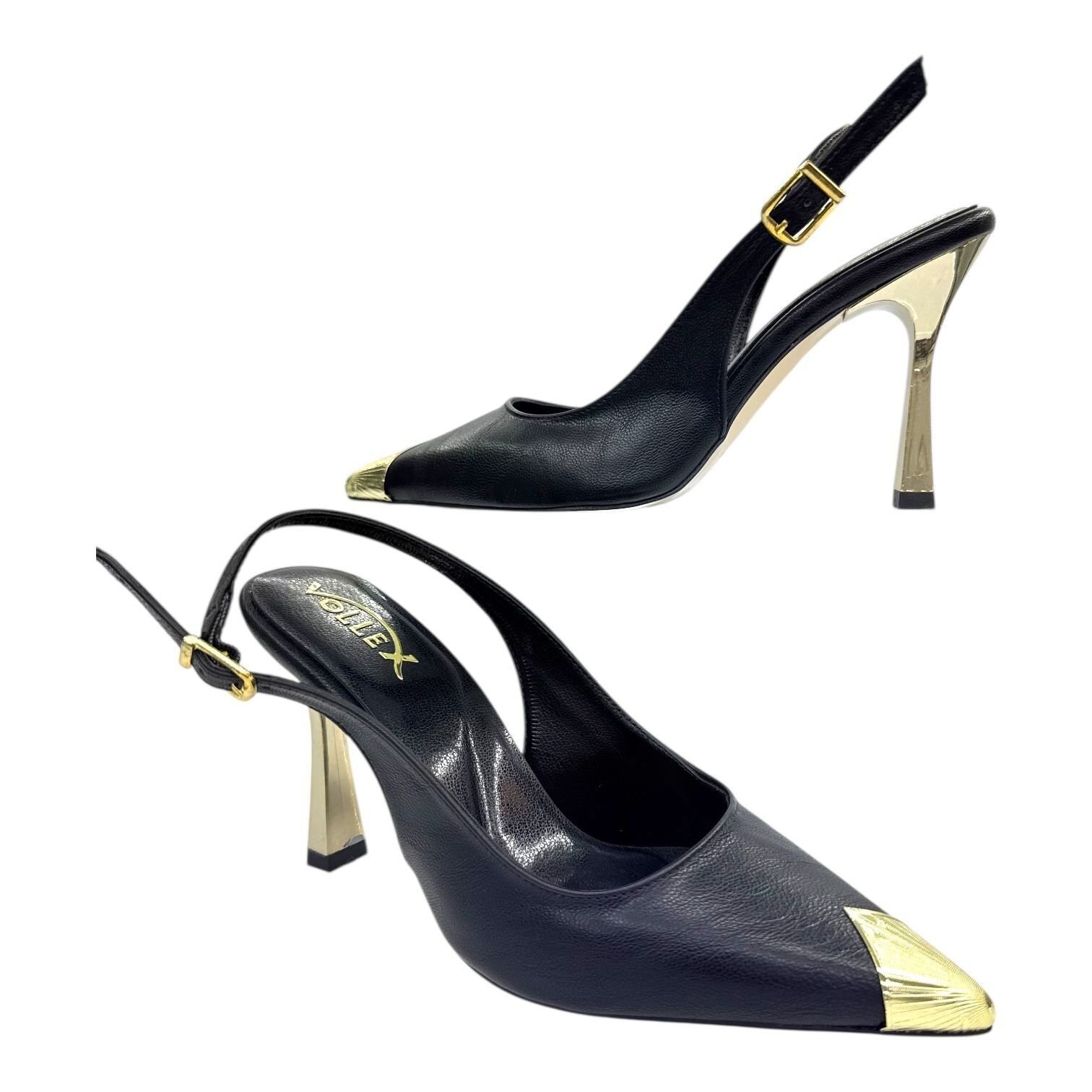 Siyah Altın Uçlu Slingback Stiletto - Metal Detaylı İnce Topuk