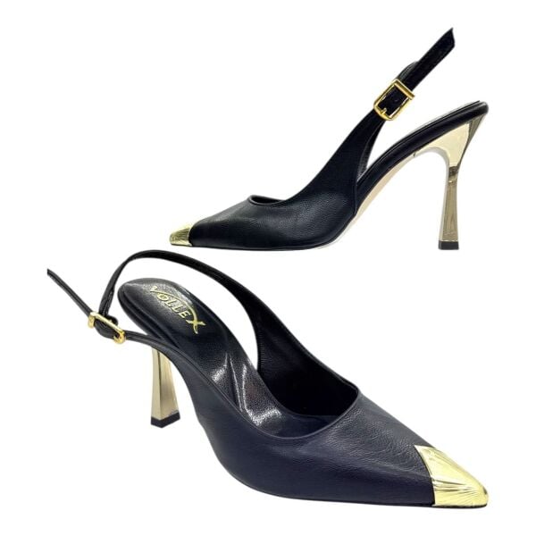 Siyah Altın Uçlu Slingback Stiletto - Metal Detaylı İnce Topuk