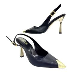 Siyah Altın Uçlu Slingback Stiletto - Metal Detaylı İnce Topuk