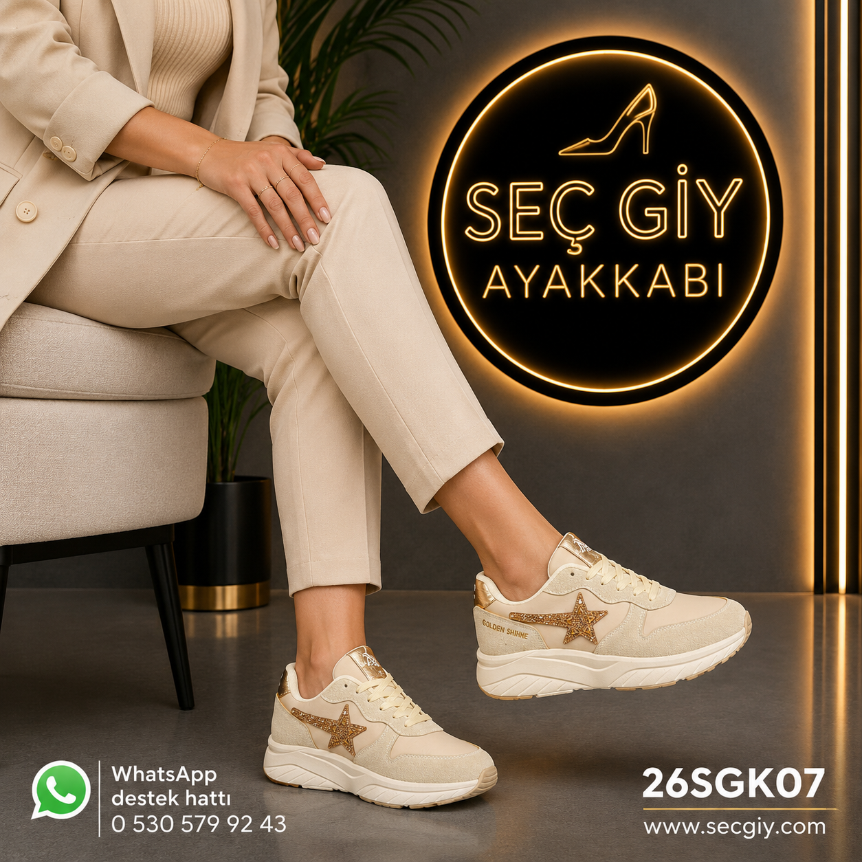 Krem Gold Yıldız Detaylı Kadın Spor Ayakkabı – Kalın Taban Sneaker