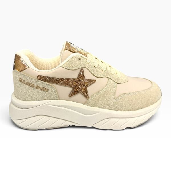 Krem Gold Yıldız Detaylı Kadın Spor Ayakkabı – Kalın Taban Sneaker