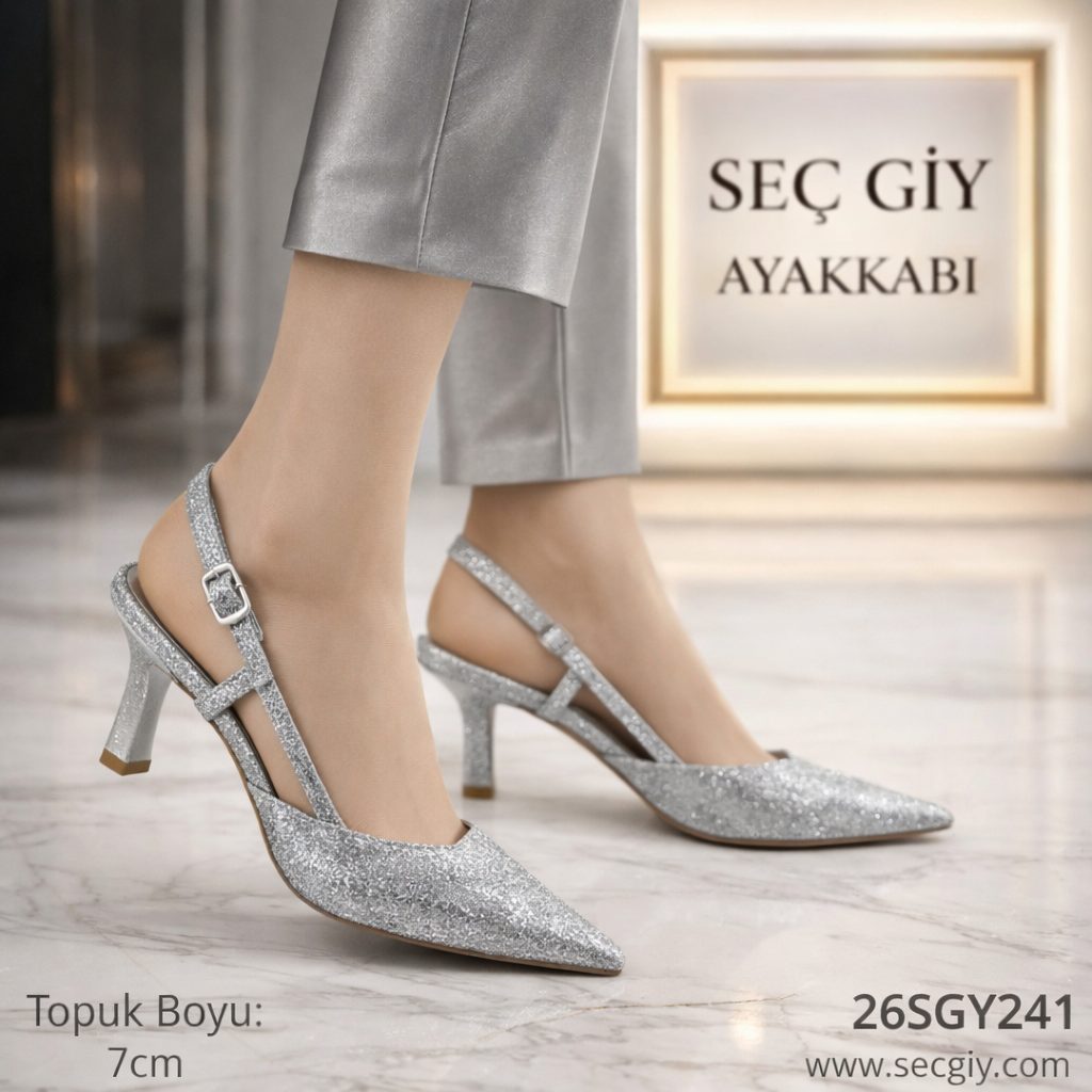 Gümüş Simli Çapraz Bantlı Slingback Kadın Topuklu Ayakkabı 7 cm