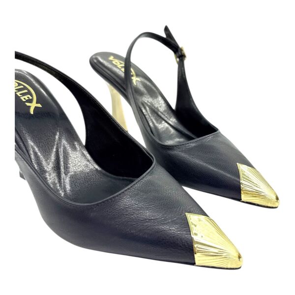 Siyah Altın Uçlu Slingback Stiletto - Metal Detaylı İnce Topuk 37