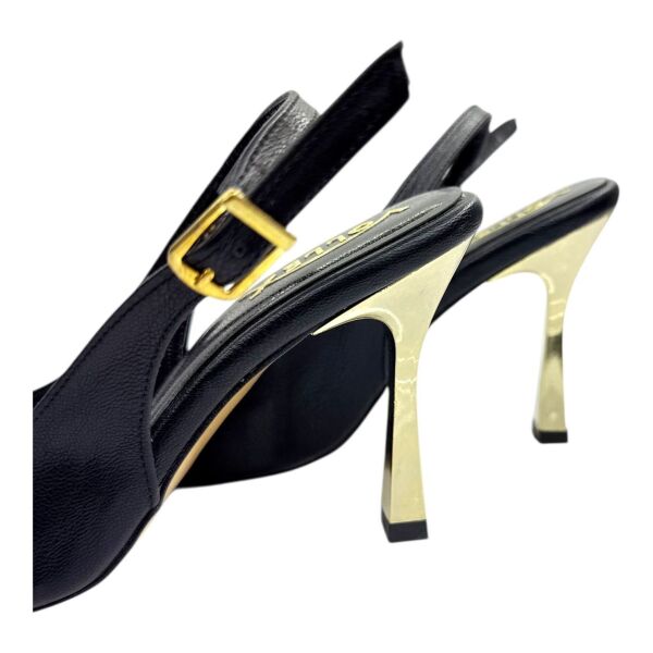 Siyah Altın Uçlu Slingback Stiletto - Metal Detaylı İnce Topuk 37