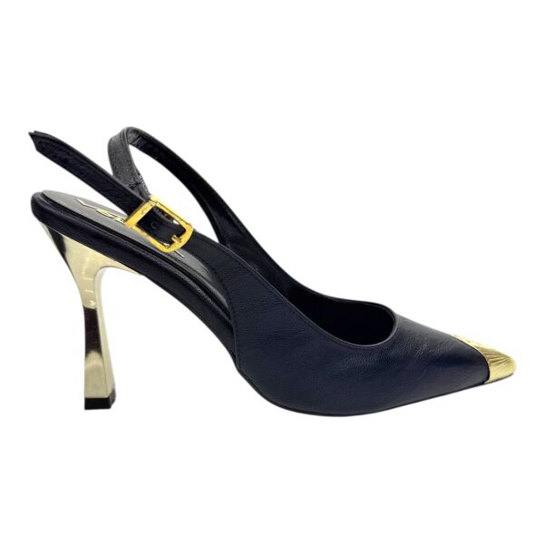 Siyah Altın Uçlu Slingback Stiletto - Metal Detaylı İnce Topuk 37