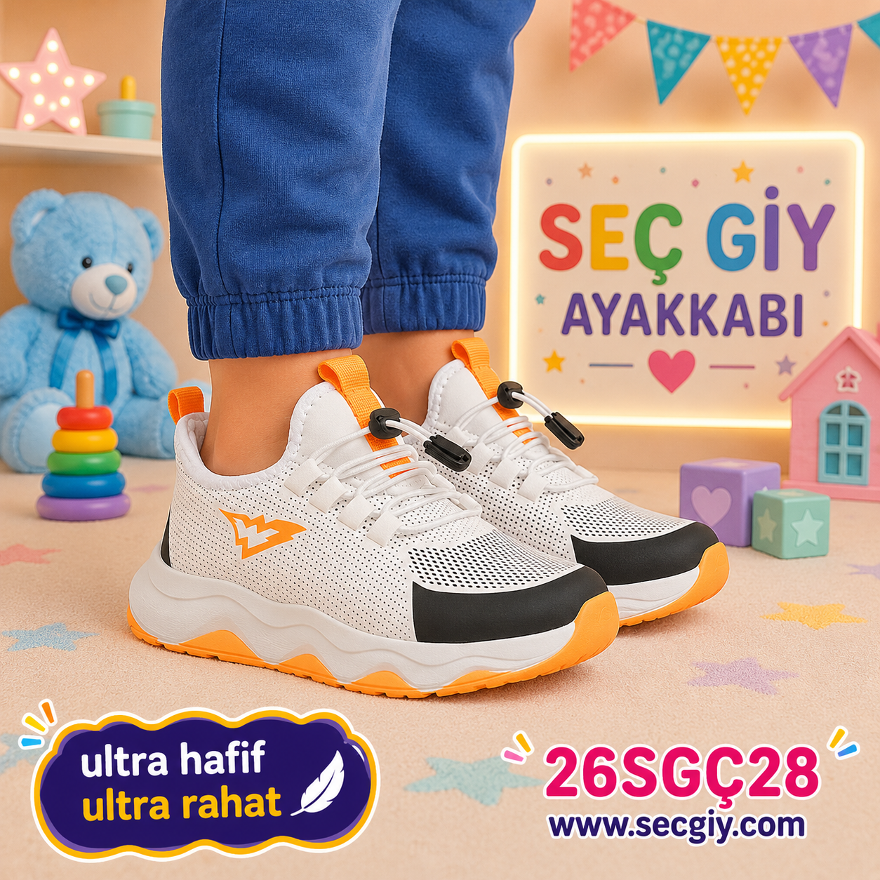 Erkek Çocuk Beyaz Turuncu Ultra Hafif Spor Ayakkabı