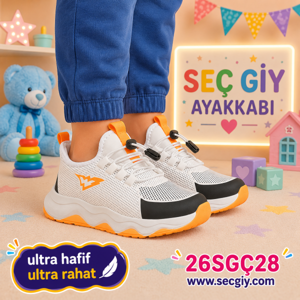 Erkek Çocuk Beyaz Turuncu Ultra Hafif Spor Ayakkabı