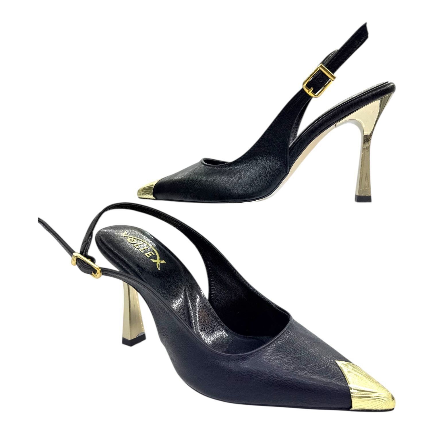 Siyah Altın Uçlu Slingback Stiletto - Metal Detaylı İnce Topuk 38