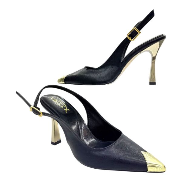 Siyah Altın Uçlu Slingback Stiletto - Metal Detaylı İnce Topuk 39