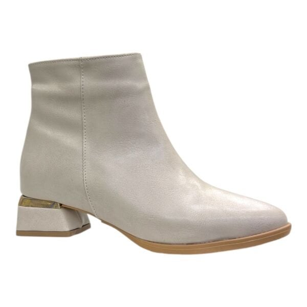 Krem Metal Topuk Detaylı Kadın Bilek Botu Blok Topuk Oval Burun