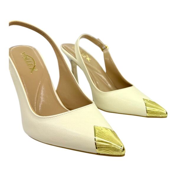 Ekru Metal Burun Detaylı Slingback Stiletto - Parlak İnce Topuk