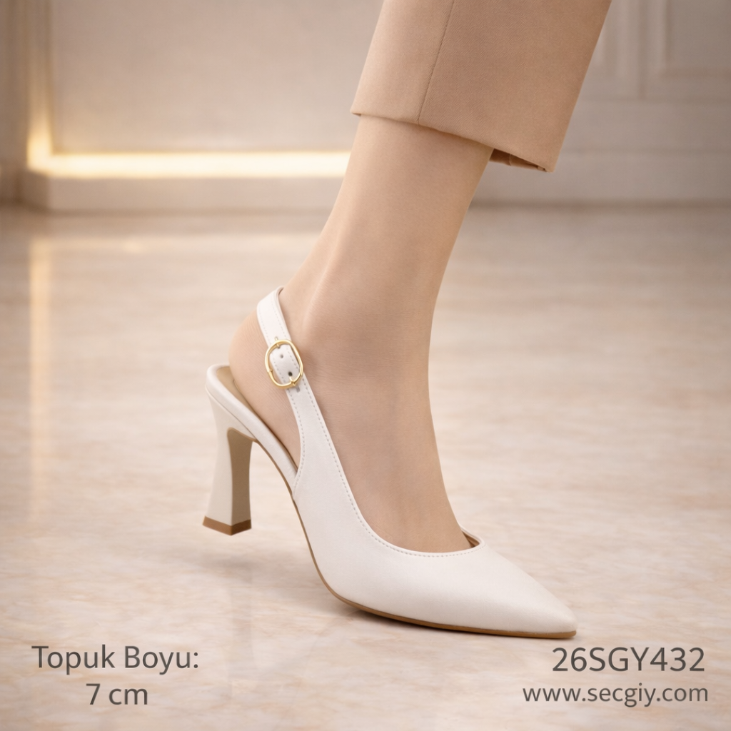 Krem Sivri Burun 7 cm Topuklu Kadın Ayakkabı.