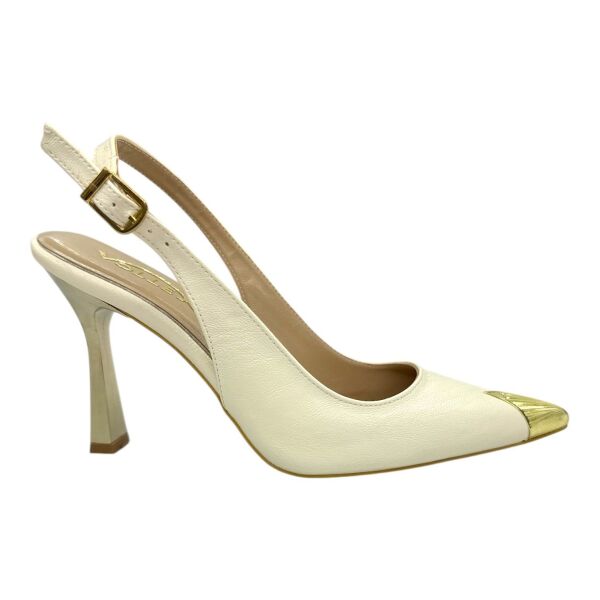 Ekru Metal Burun Detaylı Slingback Stiletto - Parlak İnce Topuk 36