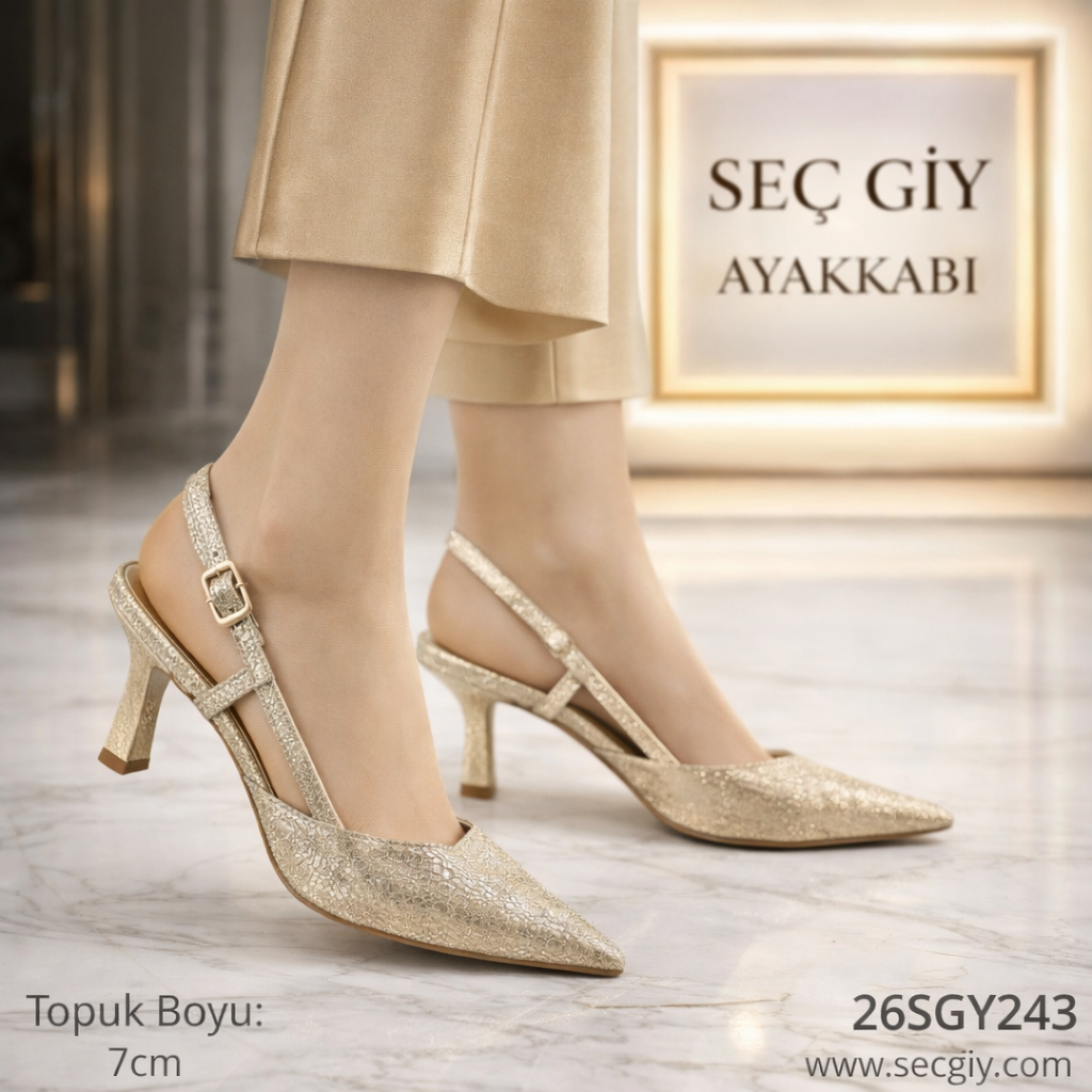 Altın Simli Çapraz Bantlı Slingback Kadın Topuklu Ayakkabı 7 cm