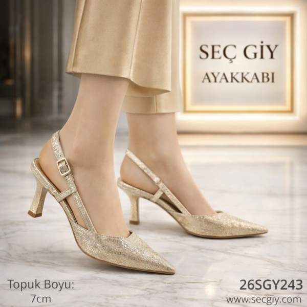 Altın Simli Çapraz Bantlı Slingback Kadın Topuklu Ayakkabı 7 cm