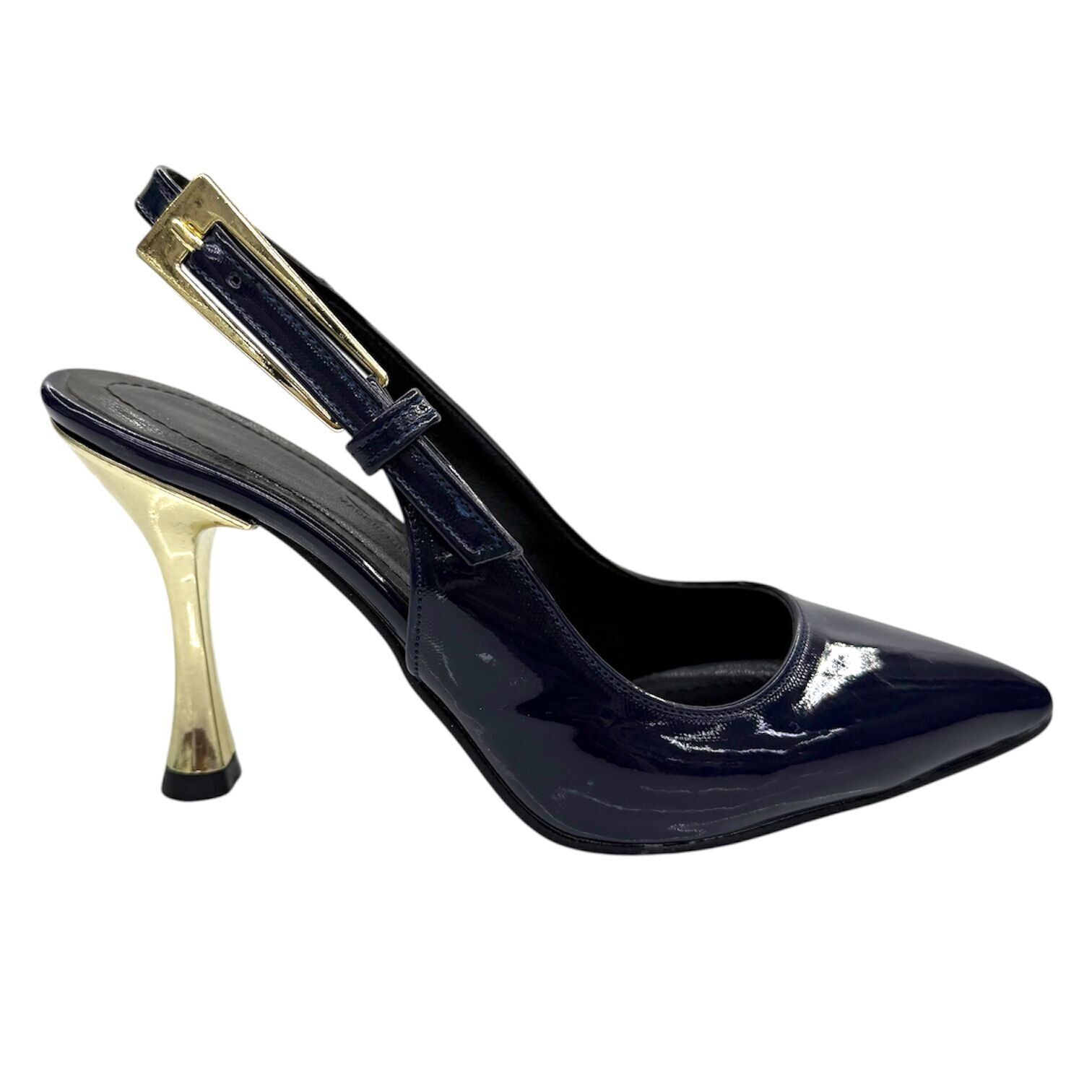 Lacivert Rugan Altın Rengi Topuk Detaylı