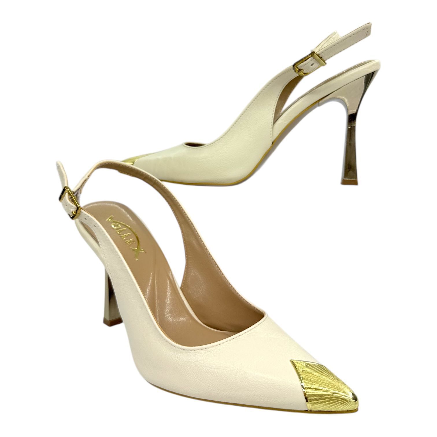 Ekru Metal Burun Detaylı Slingback Stiletto - Parlak İnce Topuk 40