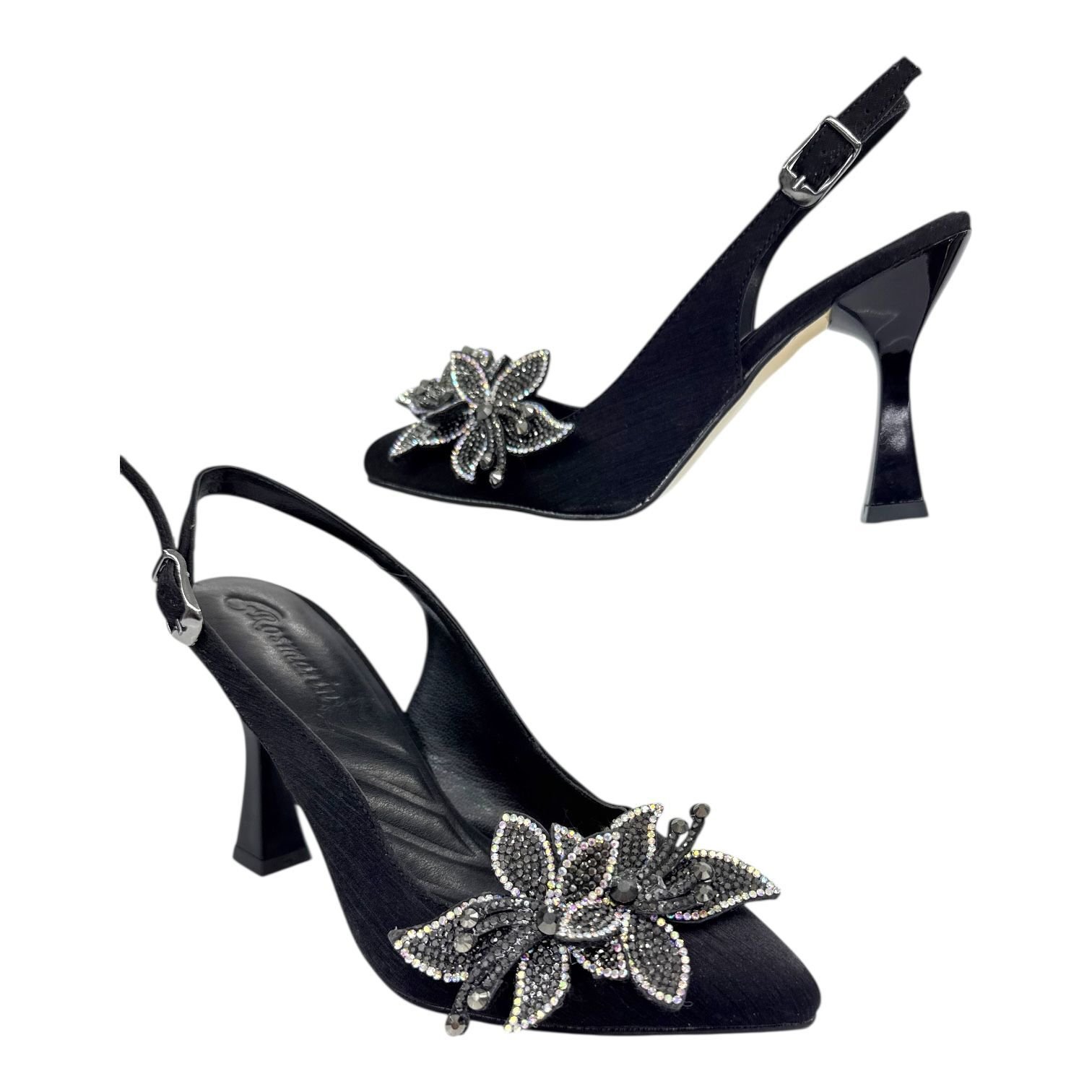 Swarovski Taş Tokalı Siyah Krokodil Desenli Slingback Topuklu Ayakkabı